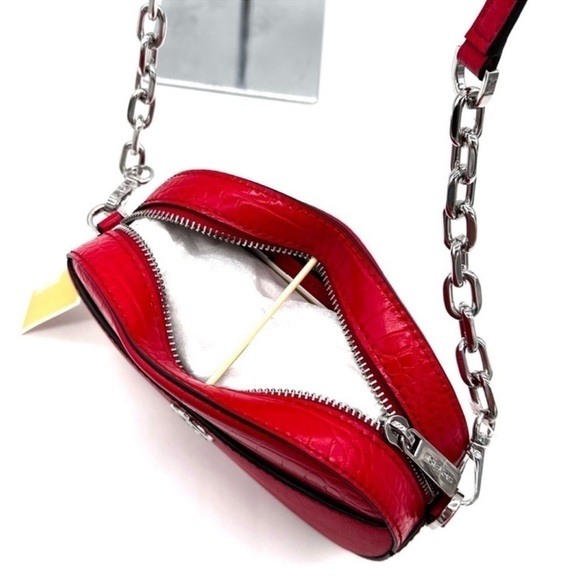 Michael Kors Large Jet Set Glam Leather Snakeskin Oval Crossbody Bag Red/Gold - Picture 9 of 10